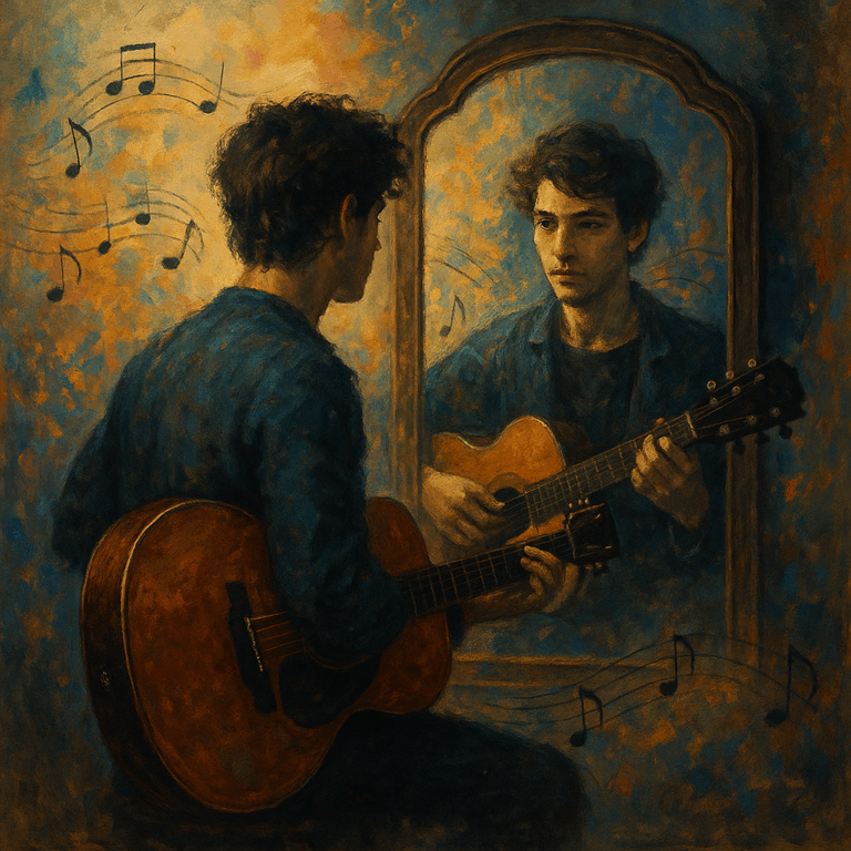 Jeune musicien regardant son reflet dans un miroir avec une guitare, illustrant la construction de l’identité artistique dans un univers créatif.