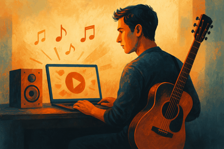 Jeune musicien indépendant travaillant sur la promotion de son projet artistique avec une guitare et un ordinateur dans un univers créatif et chaleureux.