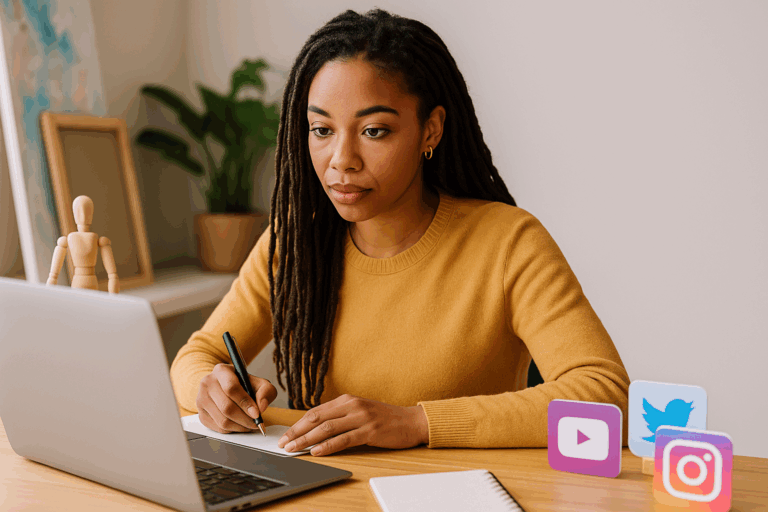 Jeune artiste concentrée travaillant sur sa stratégie de communication à son bureau, entre ordinateur portable, carnet de notes et icônes de réseaux sociaux.
