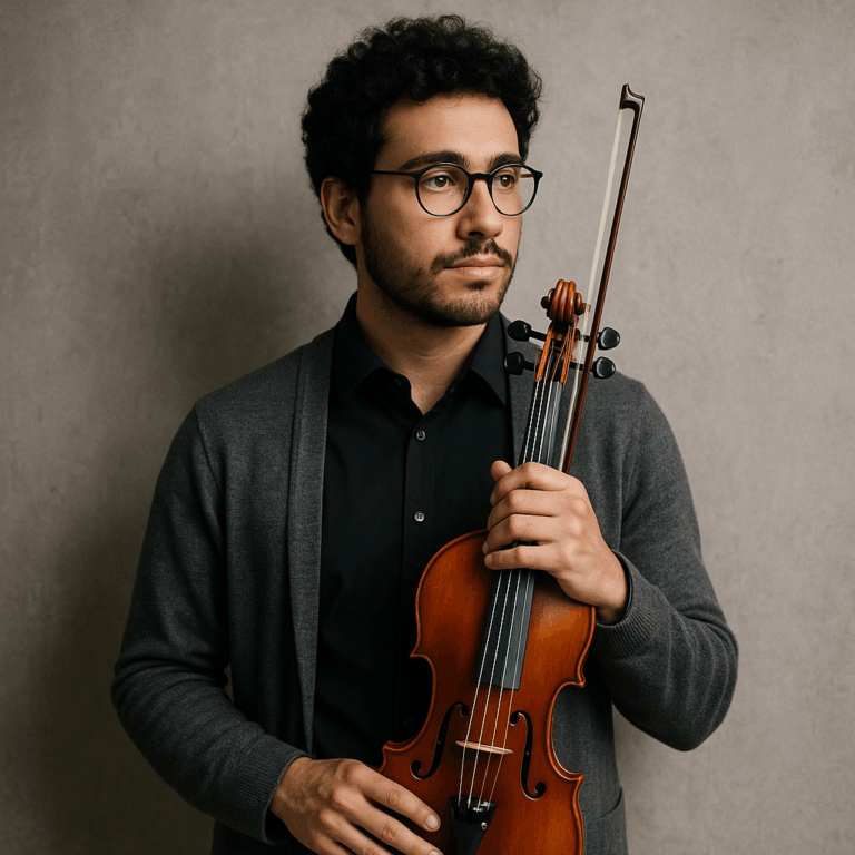 Jeune violoniste pensif tenant son instrument, symbolisant l’importance de la formation continue des artistes après le conservatoire.