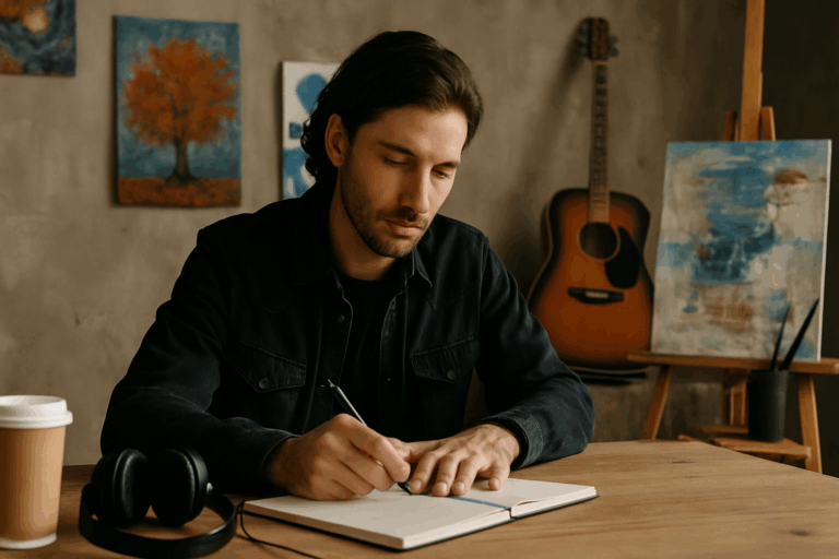 Artiste concentré écrivant dans un carnet dans son atelier, entouré de peintures abstraites et d'une guitare acoustique