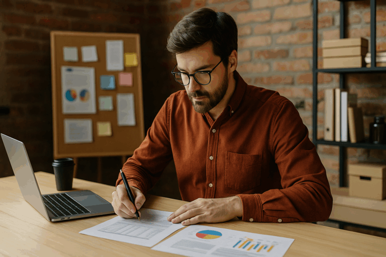 Homme concentré structurant un projet culturel sur ordinateur avec graphiques et documents, dans un espace de travail créatif en briques.