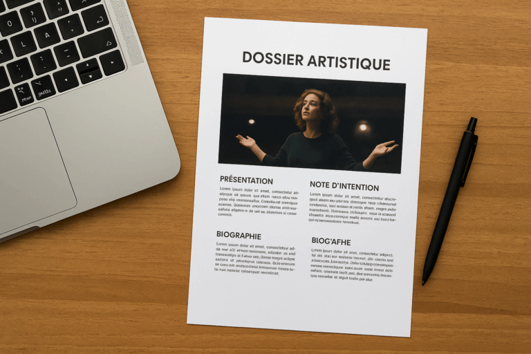 Vue de dessus d’un dossier artistique imprimé avec photo de scène, posé sur un bureau en bois à côté d’un ordinateur portable et d’un stylo noir.